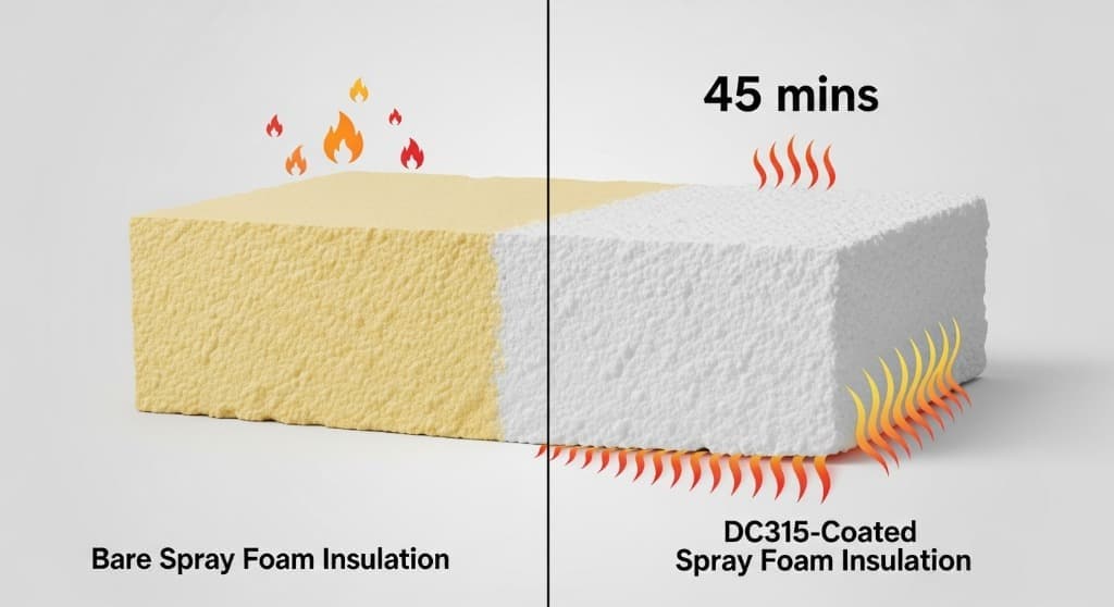 Technical diagram of IFTI DC315 intumescent fire coating thermal barrier assembly and char expansion over closed-cell spray foam insulation