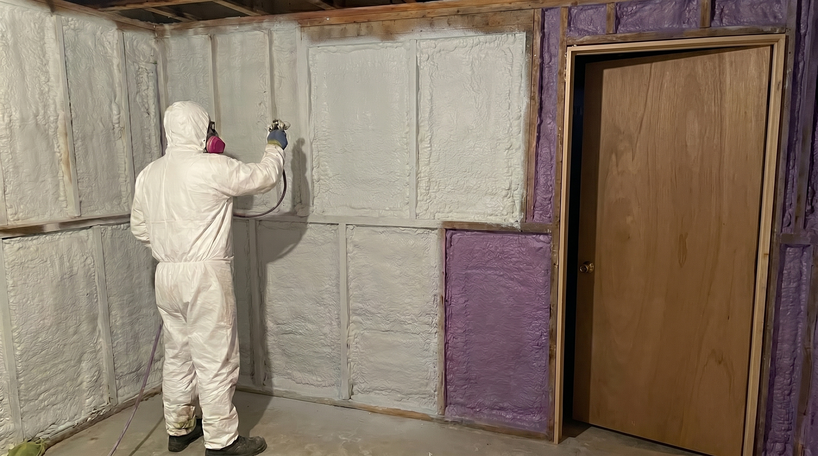 Certified Sprayfoam Solutions Toronto Inc. technician applying 18-mil IFTI DC315 thermal barrier coating over closed-cell spray foam in an Ontario building