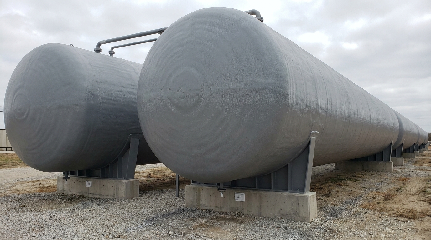 Horizontal industrial CO2 and pressurized process storage tanks insulated with 2 lb closed-cell spray foam and protective elastomeric topcoat in Ontario
