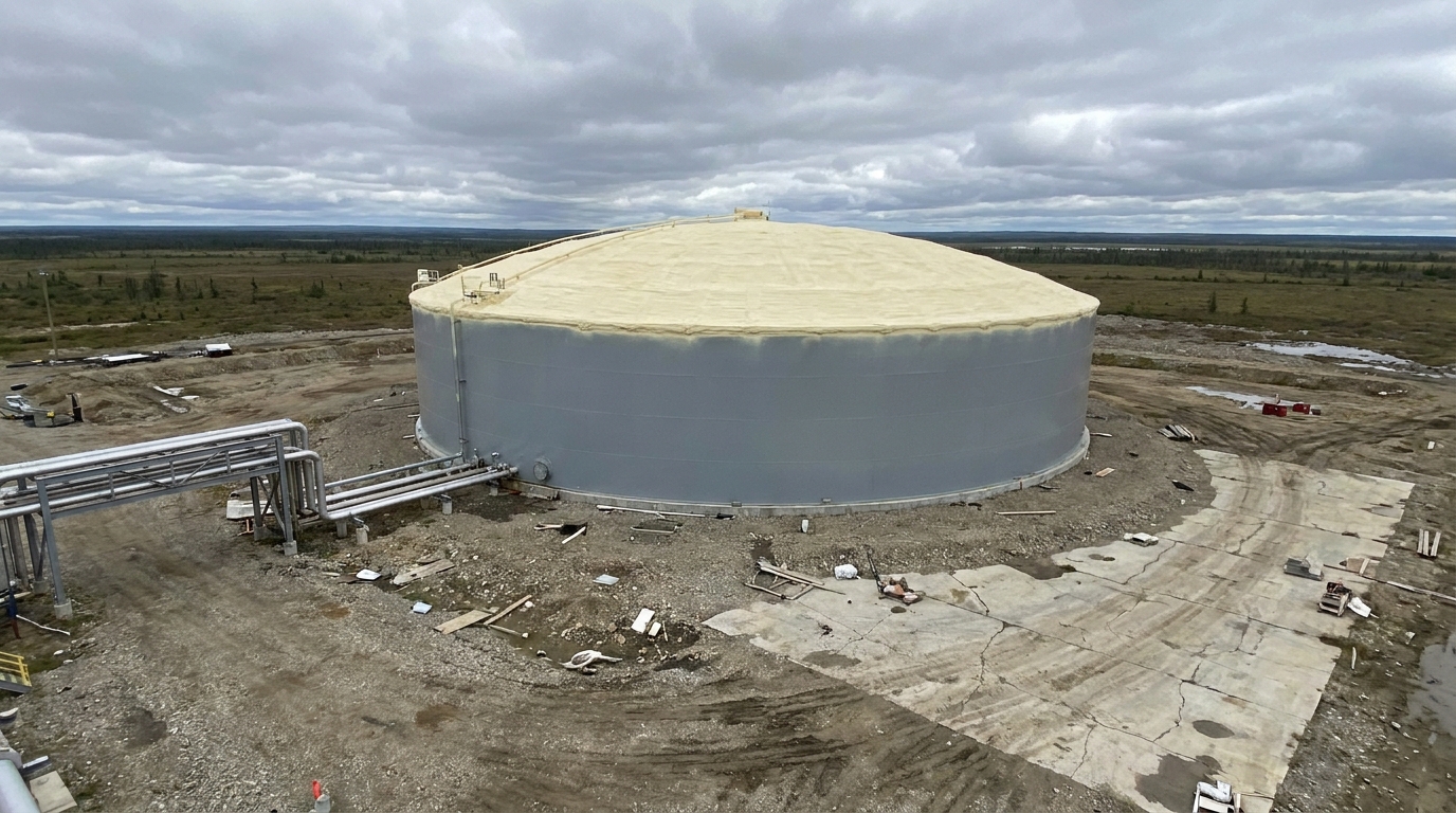 Aerial view of large industrial water storage and chemical process tanks insulated with 2 lb closed-cell spray foam and UV-stable elastomeric coating in Ontario