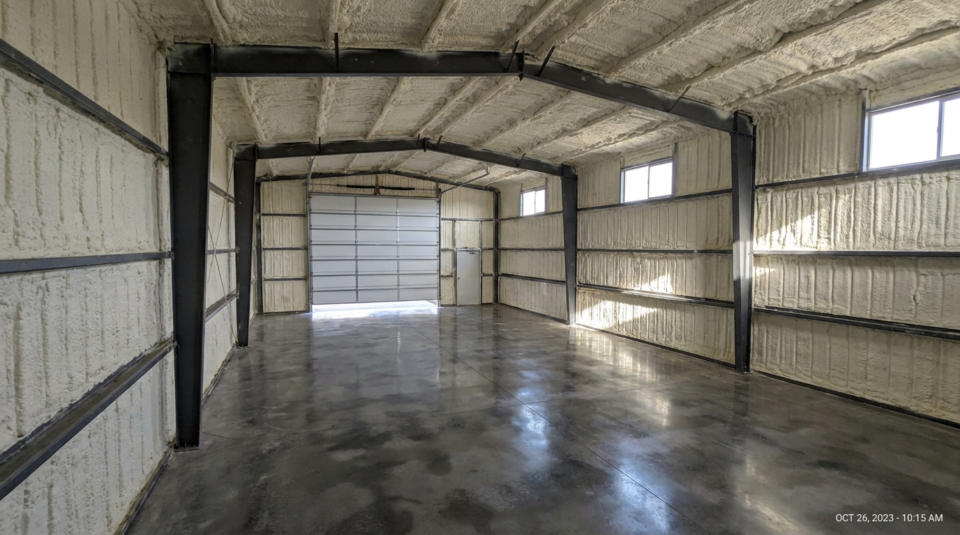 Industrial metal roof deck and steel beams insulated with monolithic closed-cell spray foam and thermal barrier coating in Ontario