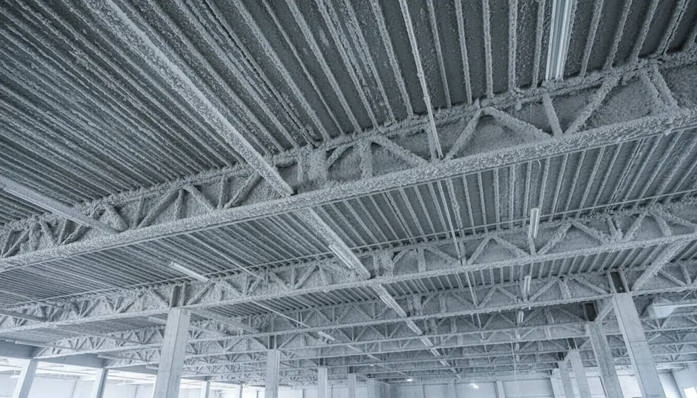 Rough-textured cementitious fireproofing (SFRM) applied to structural steel I-beams and corrugated metal decking in Brampton (Castlemore & Credit Valley) [JOB-2026-03-09-01]