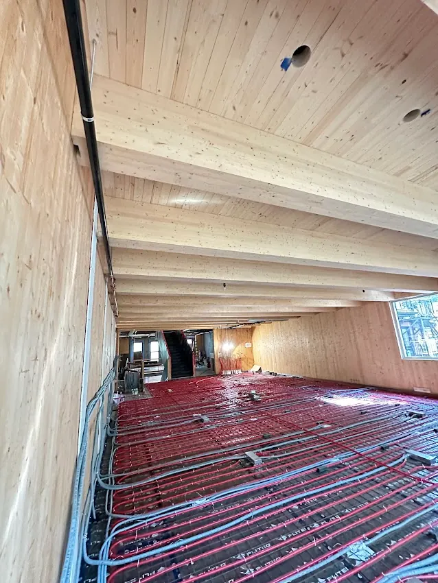 Clear Sansin Firestop 99 intumescent fire coating applied to high-quality pressurized mass timber walls and ceilings in Vaughan (Kleinburg & Woodbridge) [JOB-2026-07-24-01]