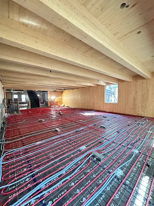Clear Sansin Firestop 99 intumescent fire coating applied to high-quality pressurized mass timber walls and ceilings in Newmarket & Aurora [JOB-2026-07-24-01]