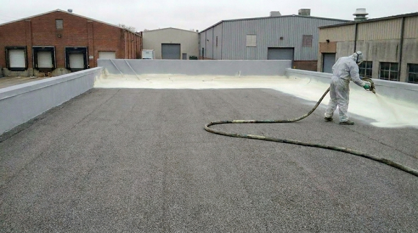 Commercial roof closed-cell spray foam insulation and protective elastomeric coating application in Ontario