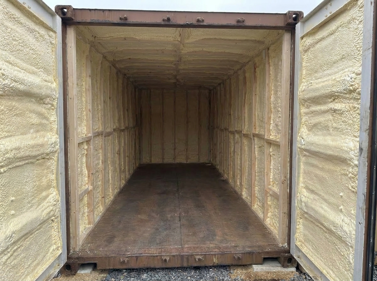 Interior of a 40ft shipping container insulated with smooth 2 lb closed-cell spray polyurethane foam across corrugated Corten steel walls and ceiling in Ontario