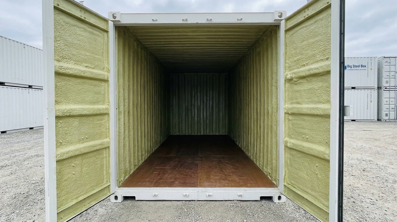 White finished interior of an insulated cargo shipping container coated with 18-mil IFTI DC315 thermal barrier over 2 lb closed-cell spray foam in Ontario